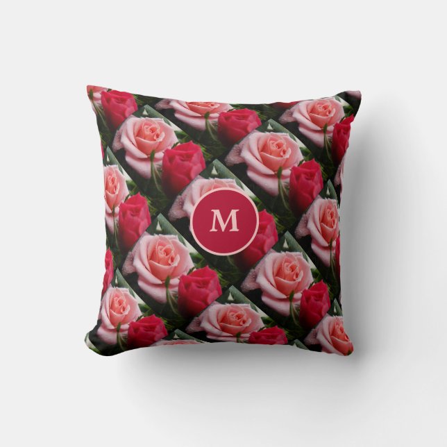 Roses Pink Red Floral Pattern Custom Monogram Throw Pillow (Front)