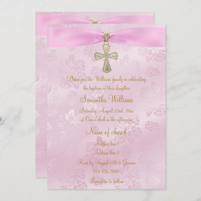 Roses, Pink Ribbon & Gold Cross Baptism Invitation (Front/Back)