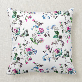 Roses - Pink Roses & Blue Flowers Over White Throw Pillow