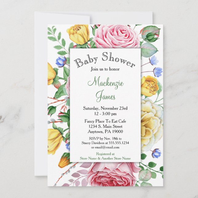 Roses Pink Yellow Floral Baby Shower Invitation (Front)