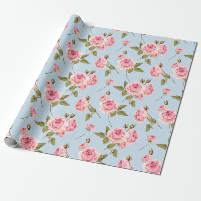 Roses & Polka Dots Pattern Wrapping Paper (Unrolled)