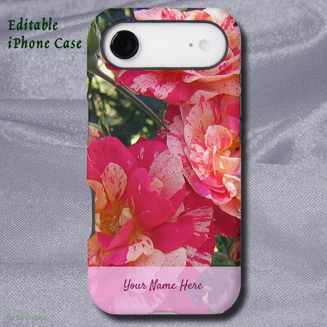 Roses rayées roses et blanches modifiables (striped roses editable iPhone case)
