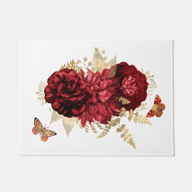 Roses Red Gold Floral Butterfly Doormat (Front)