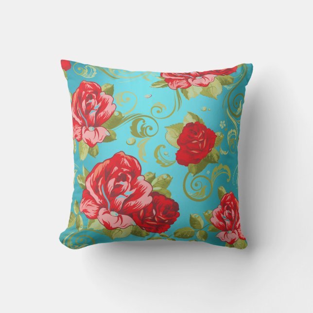 Roses Red Turquoise Green Magic Garden Flowers Throw Pillow (Front)