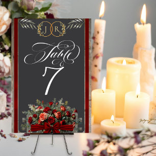 Roses, Ribbon & Monogram - Red Table Number