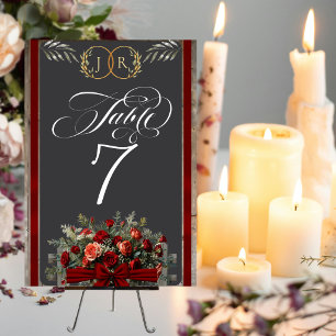 Roses, Ribbon & Monogram - Red Table Number