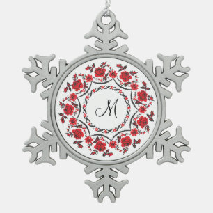 Roses ring Personalized Monogram Initial Snowflake Pewter Christmas Ornament