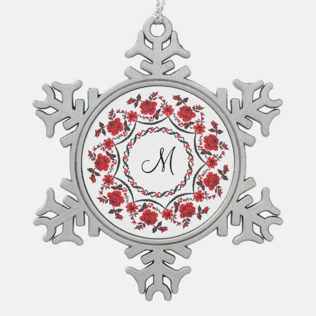 Roses ring Personalized Monogram Initial Snowflake Pewter Christmas Ornament (Front)