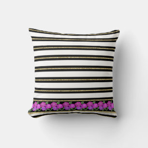Roses rose et violet, noir, blanc, coussin d'or