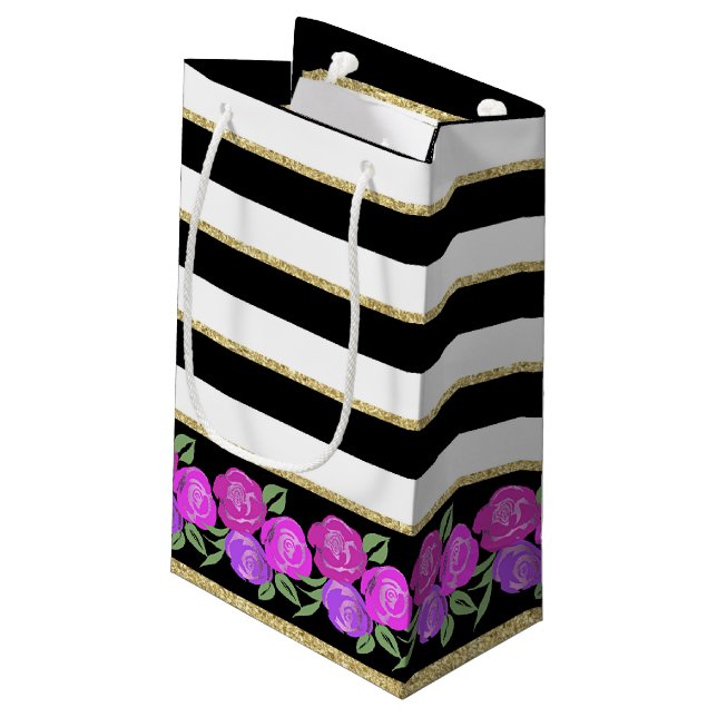 Roses rose et violet, noir, blanc, sac cadeau or (Dos Angle)