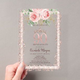 Roses,Rose Gold Glitter Frame Crown 90th Birthday Acrylic Invitations