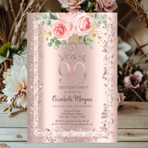 Roses,Rose Gold Glitter Frame Crown 90th Birthday  Invitation