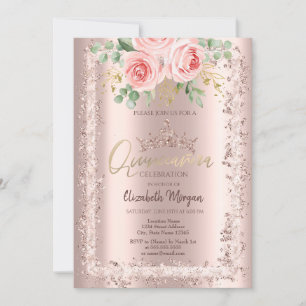 Roses,Rose Gold Glitter Frame Crown Quinceañera    Invitation