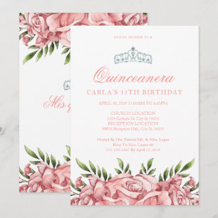 Roses roses blanches Invitations de Quinceanera
