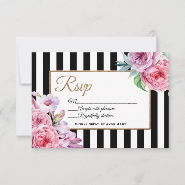 Roses roses et rayures roses Carte RSVP (Devant)