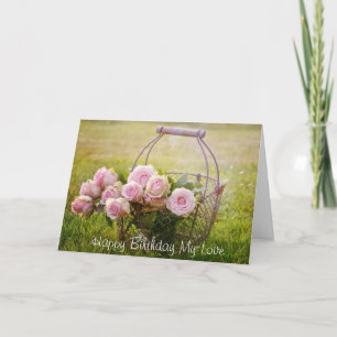 Roses roses i un panier, carte d'anniversaire