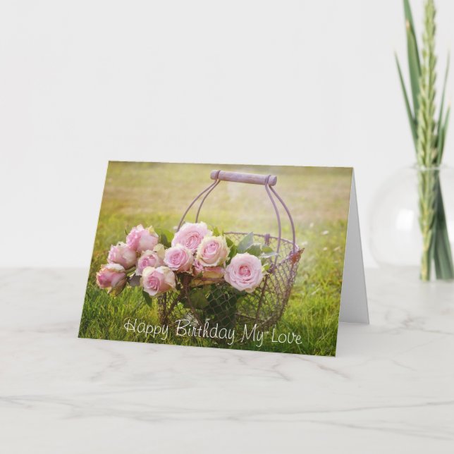 Roses roses i un panier, carte d'anniversaire (Devant)