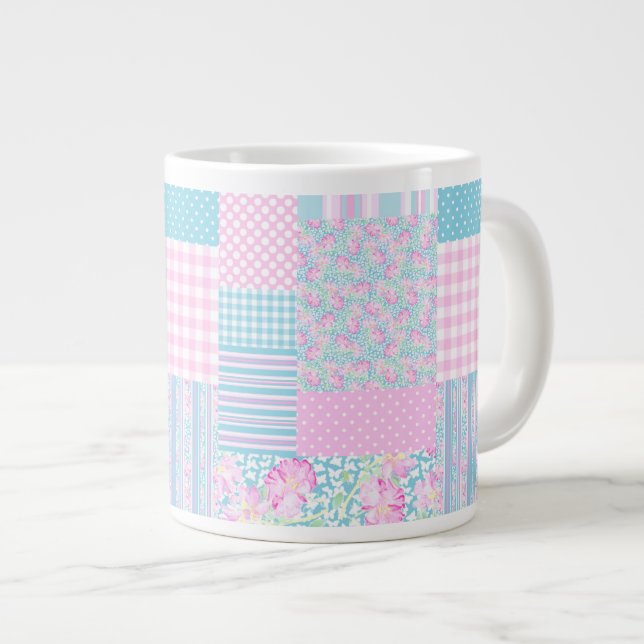 Roses roses, Papillons Faux Patchwork Jumbo Mug (Devant droit)