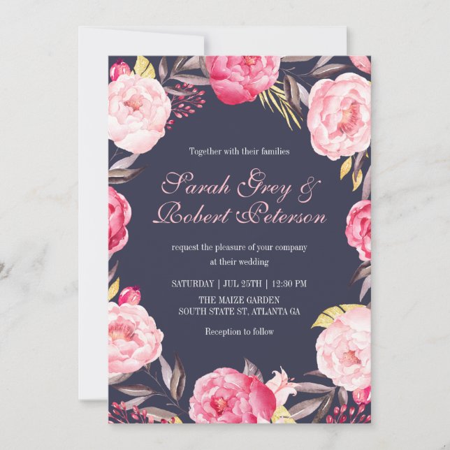 Roses roses rayures et Faire-part de mariage flora (Devant)