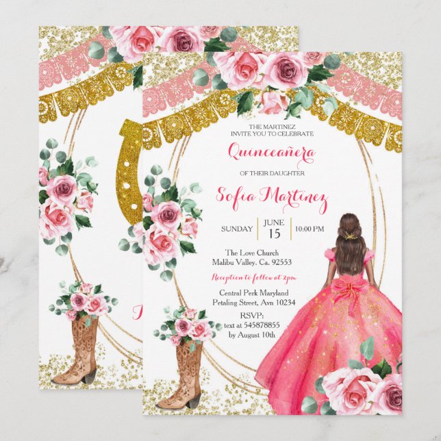 Roses roses rose Invitation - Fille mexicaine blan (Devant / Derrière)