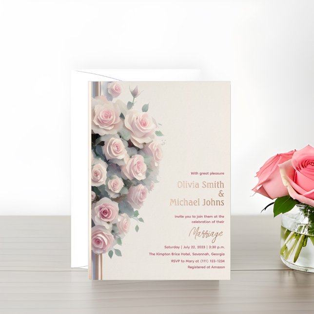 Roses roses rose vif Aquarelle Mariage Invitations (Créateur téléchargé)