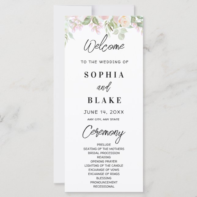 Roses roses roses et vert programme de mariage (Devant)