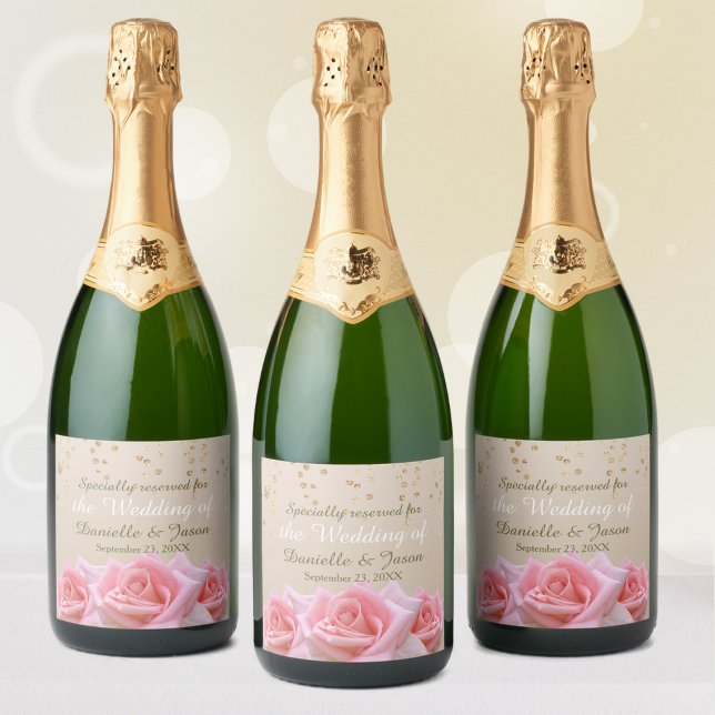 Roses roses sur le Étiquette Champagne Glitzy Pale (Créateur téléchargé)