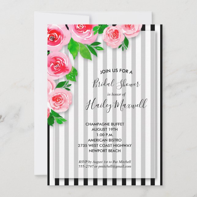 Roses roses sur les rayures Invitations de douche  (Devant)