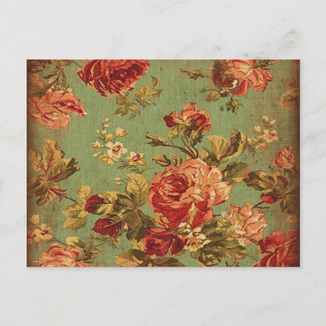 Roses roses vieilles sur carte postale verte (Devant)