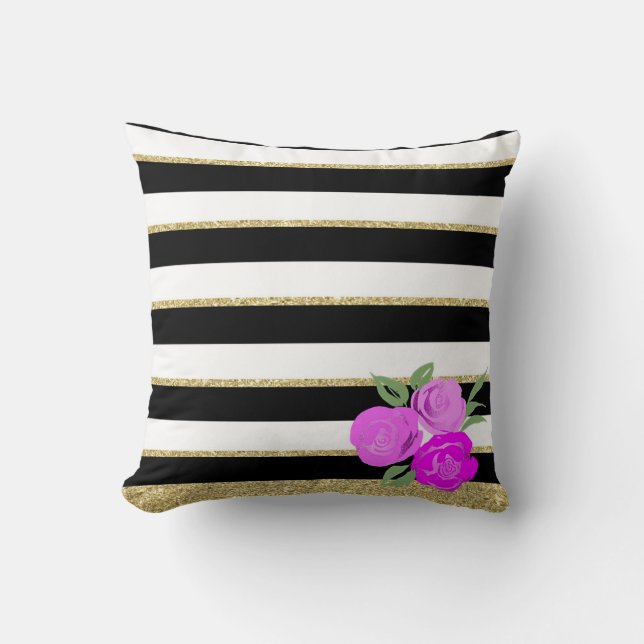 Roses roses vives sur Noir, Blanc, Coussin Or (Recto)
