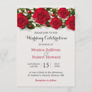 Roses rouges aux coeurs Faire-part de mariage