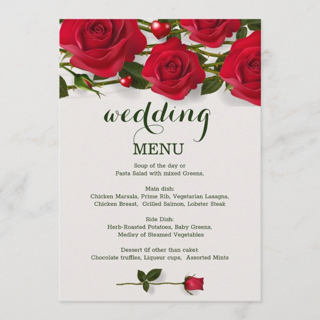 Roses rouges avec coeur Mariage Carte Menu (Devant)