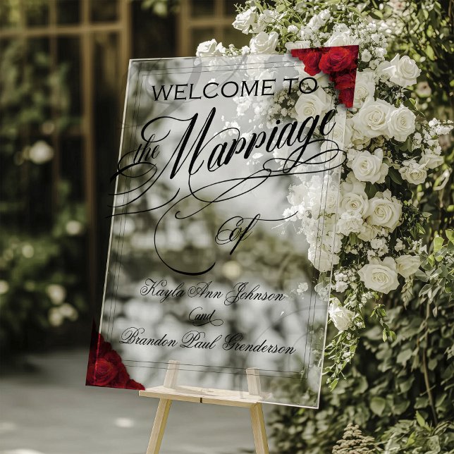 Roses rouges classiques Mariage Floral Bienvenue (Red Roses Acrylic Wedding sign with script)