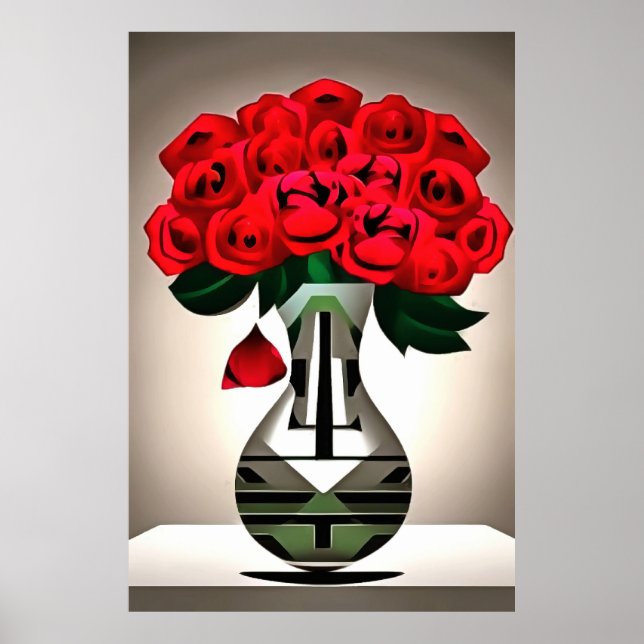 Roses Rouges Dans Vase Art Déco Art Abstrait (Devant)
