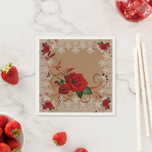 Roses rouges et dentelle - serviettes en papier pe