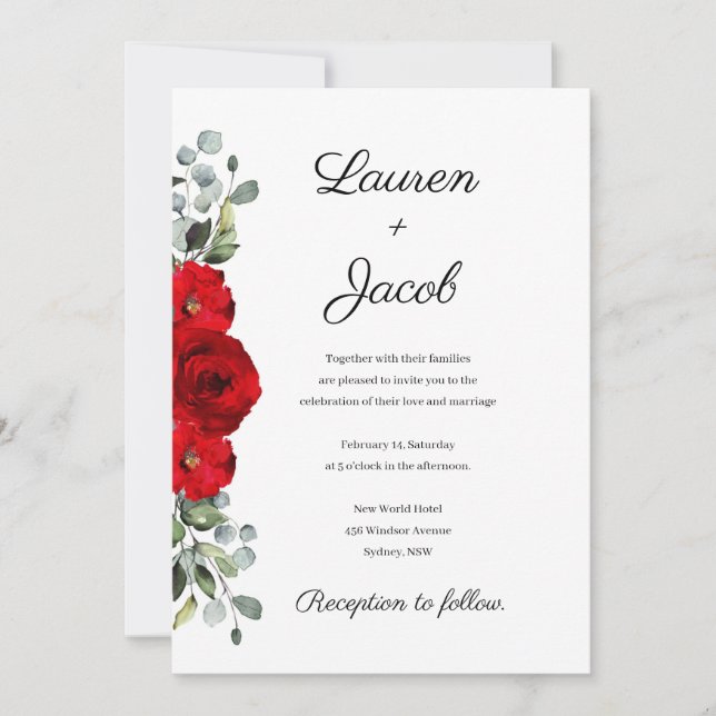 Roses rouges et Faire-part de mariage d'eucalyptus (Devant)