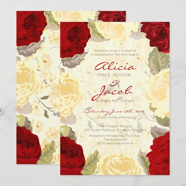 Roses rouges peintes Faire-part de mariage (Devant / Derrière)