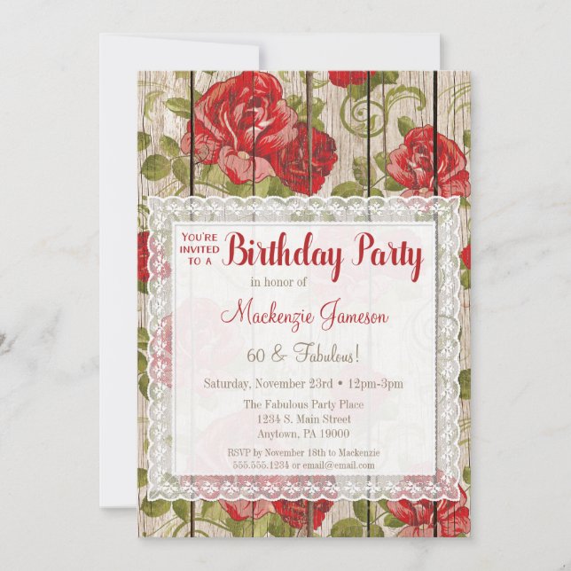 Roses Rouges Rustiques Anniversaire Invitation Den (Devant)