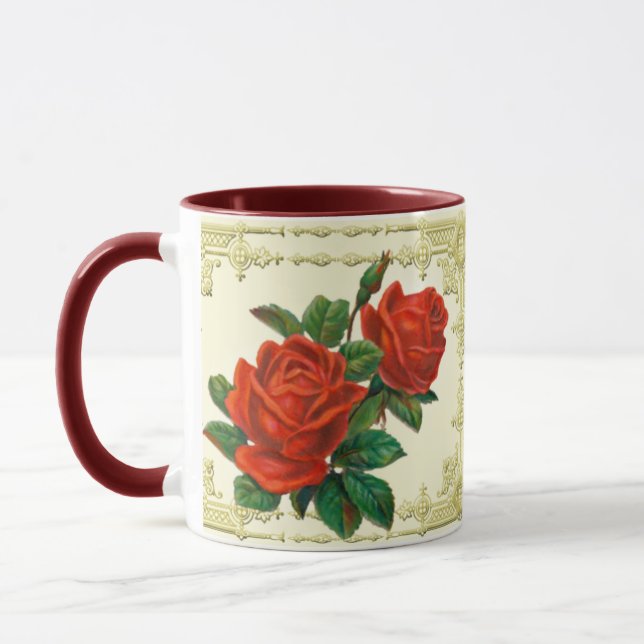 Roses rouges victoriennes Mug de café à cadre doré (Gauche)