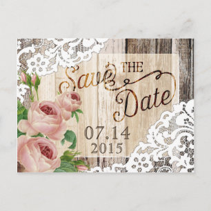 Roses Rustic Wood Planks and Lace Save the Date Announcement Postcard