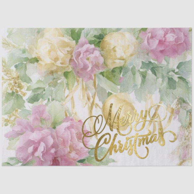 Roses Satin Ribbon Evergreen Mauve Cream Christmas Tissue Paper (Front)