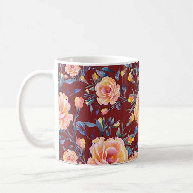 Roses, seamless, red background pattern coffee mug (Left)