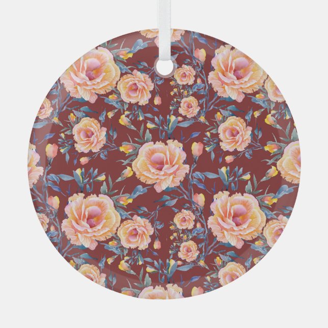 Roses, seamless, red background pattern glass ornament (Front)