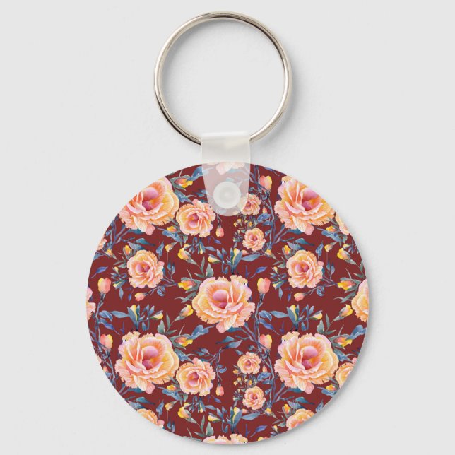 Roses, seamless, red background pattern keychain (Front)
