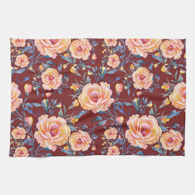Roses, seamless, red background pattern kitchen towel (Horizontal)