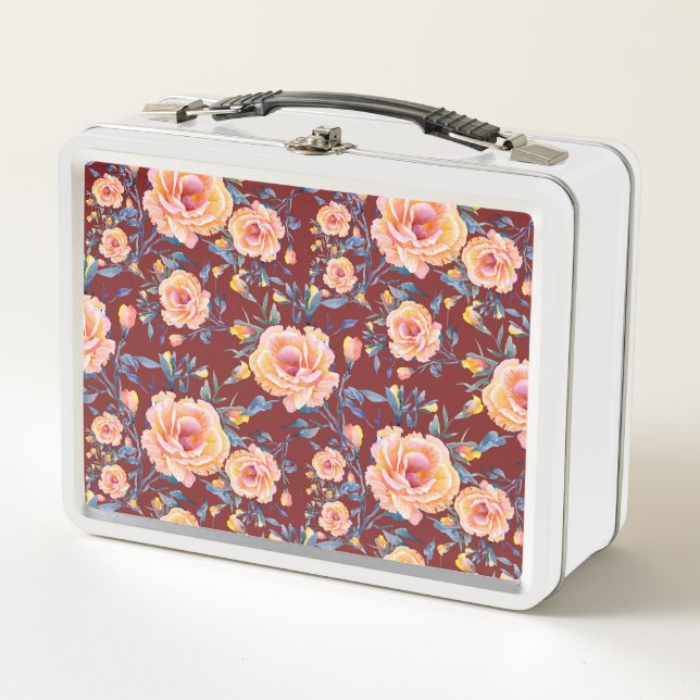 Roses, seamless, red background pattern metal lunch box (Front)