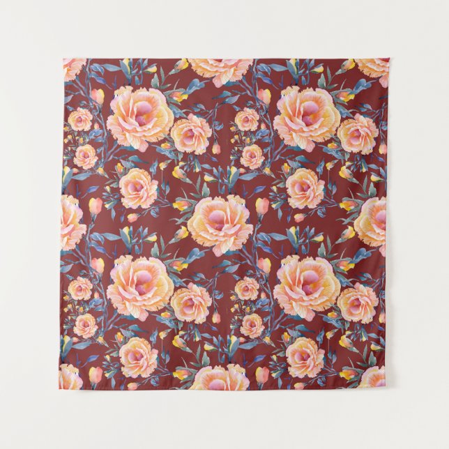 Roses, seamless, red background pattern tapestry (Front)