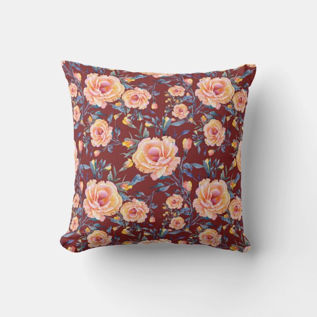 Roses, seamless, red background pattern throw pillow (Front)