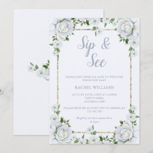 Roses & Silver Glitter Border Floral Sip & See Invitation