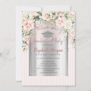 Roses Silver Grad Cap Striped Graduation  Invitation